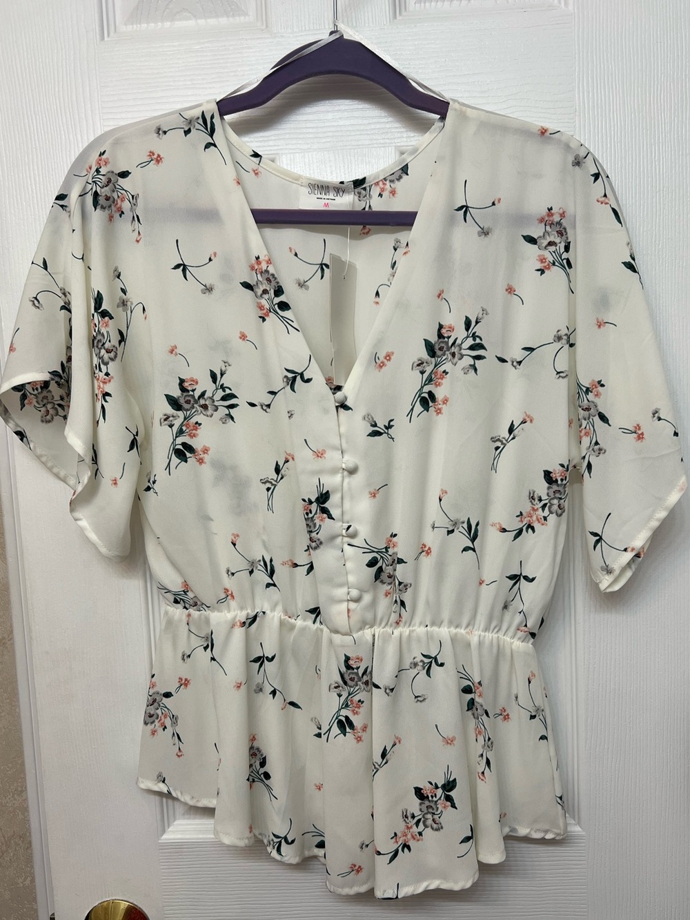 Floral Peplum V-Neck Blouse - Cream with Pink & Green Print